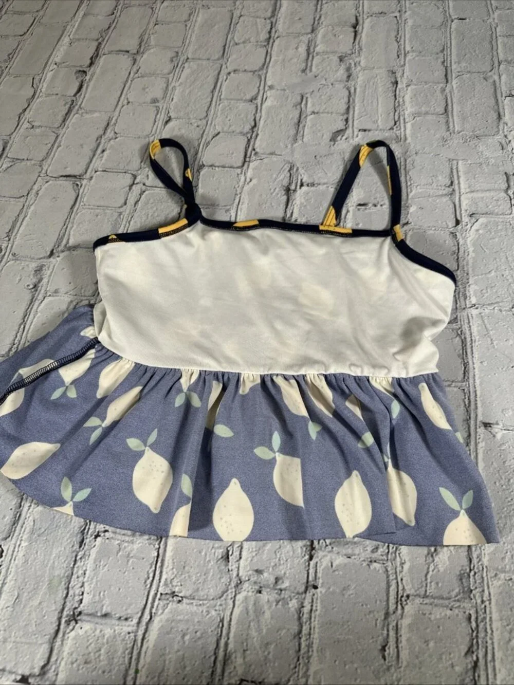 Hanna Andersson Lemon Tankini Swim Top Size 140 CM 10 Navy Blue Yellow Girls
